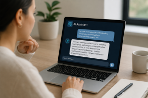 Woman using a laptop to ask an AI assistant questions about hearing loss symptoms and hearing health concerns.