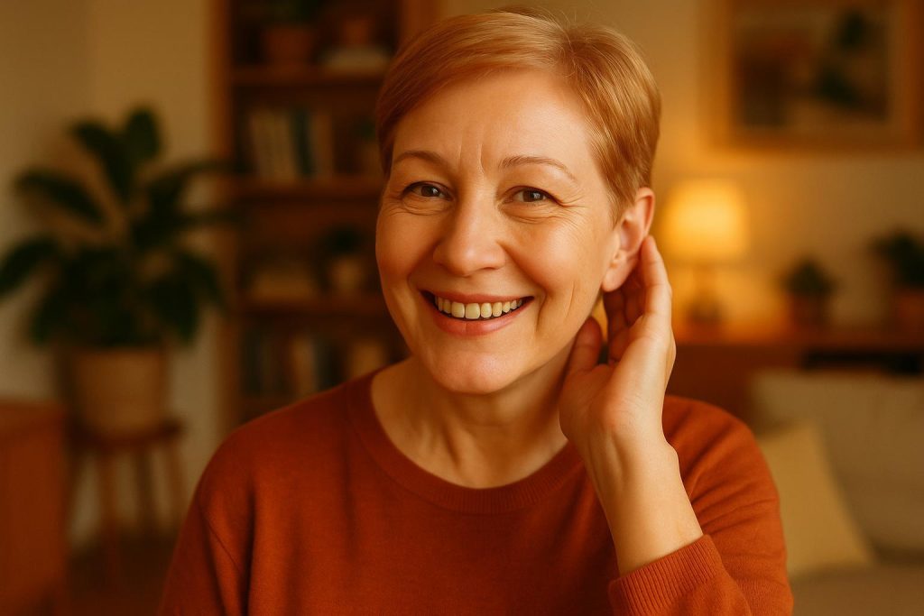 Middle-aged person gently touching ear to illustrate sudden hearing loss.