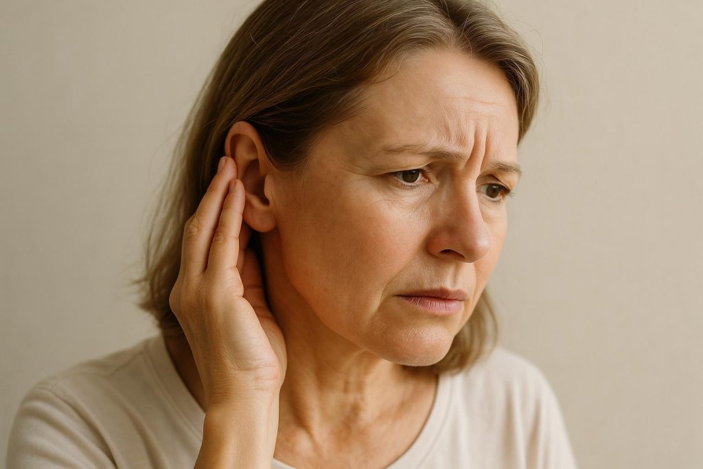 Woman gently touching her ear, showing signs of an ear infection