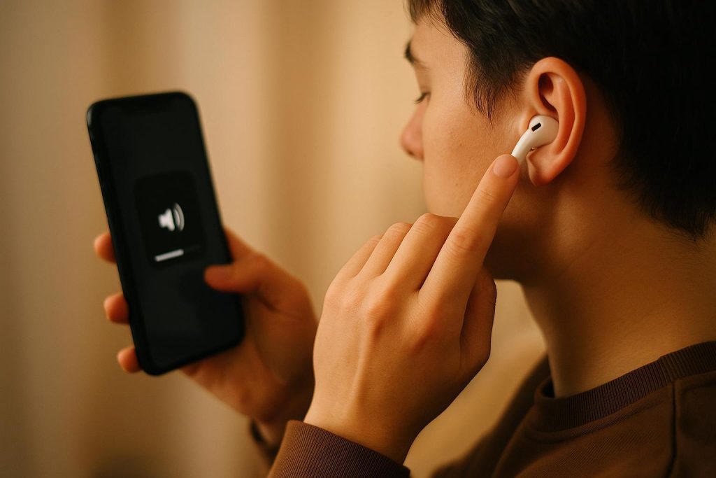 Person adjusting smartphone volume with earbuds, illustrating the 60-60 rule for hearing loss.
