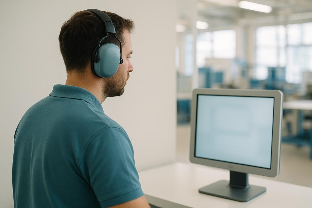 Worker wearing hearing protection in a noise-prone workplace during regular hearing tests